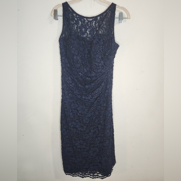 Aidan Mattox Embellished Floral Lace Navy Ruched Side Mini Cocktail 4 Dress - Picture 1 of 9